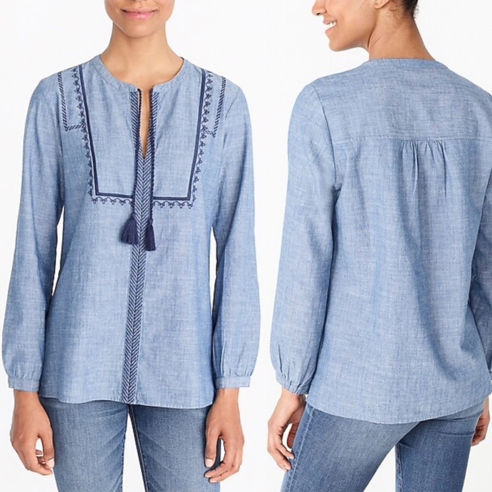 J. Crew Light Blue Embroidered Peasant Tunic